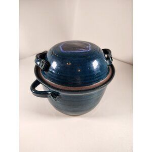Large Studio Pottery Steamer vegetable rice cooker with lid BLUE Glaze signed